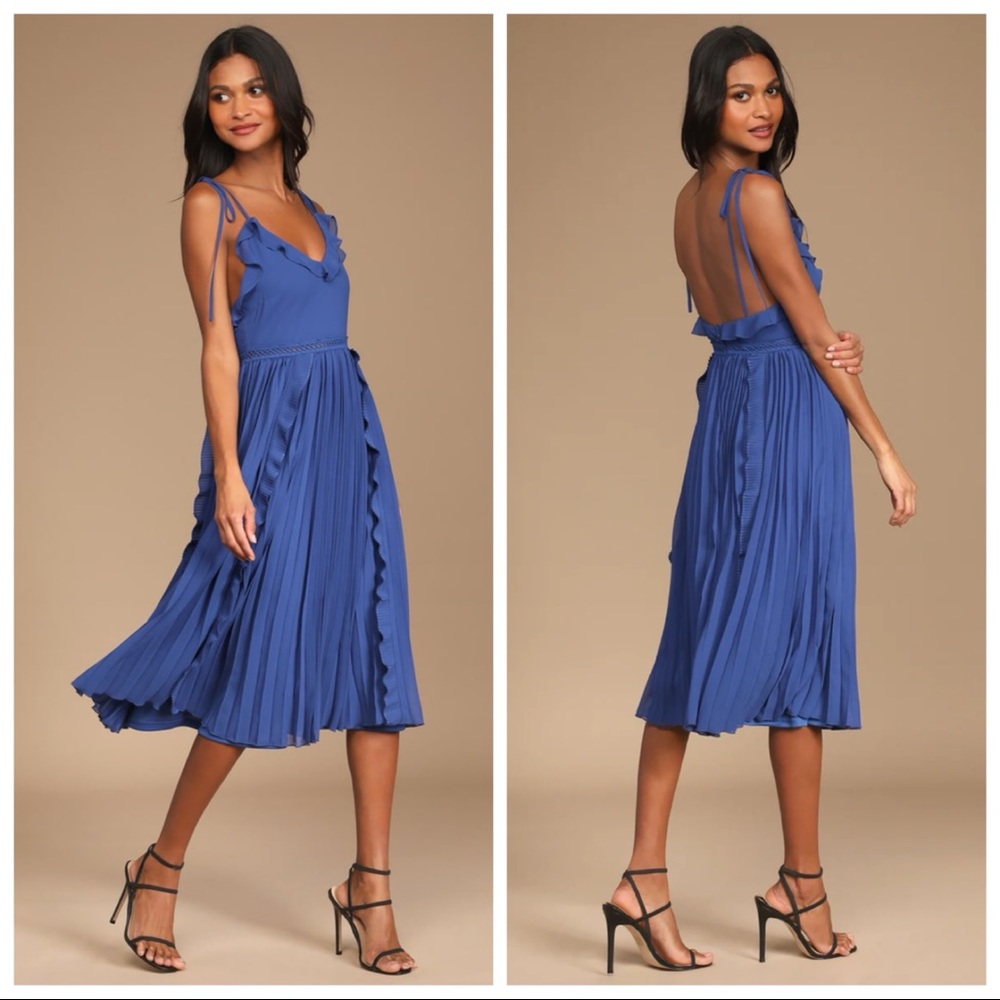 NWOT Lulus Never a Dull Moment Royal Blue Tie-Strap Pleated Midi Dress